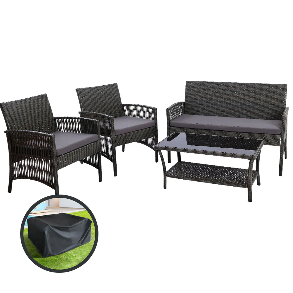 Luis 4-Seater Wicker Harp Table & Chair 4-Piece Outdoor Sofa Set with Storage Cover - Grey - Nurns