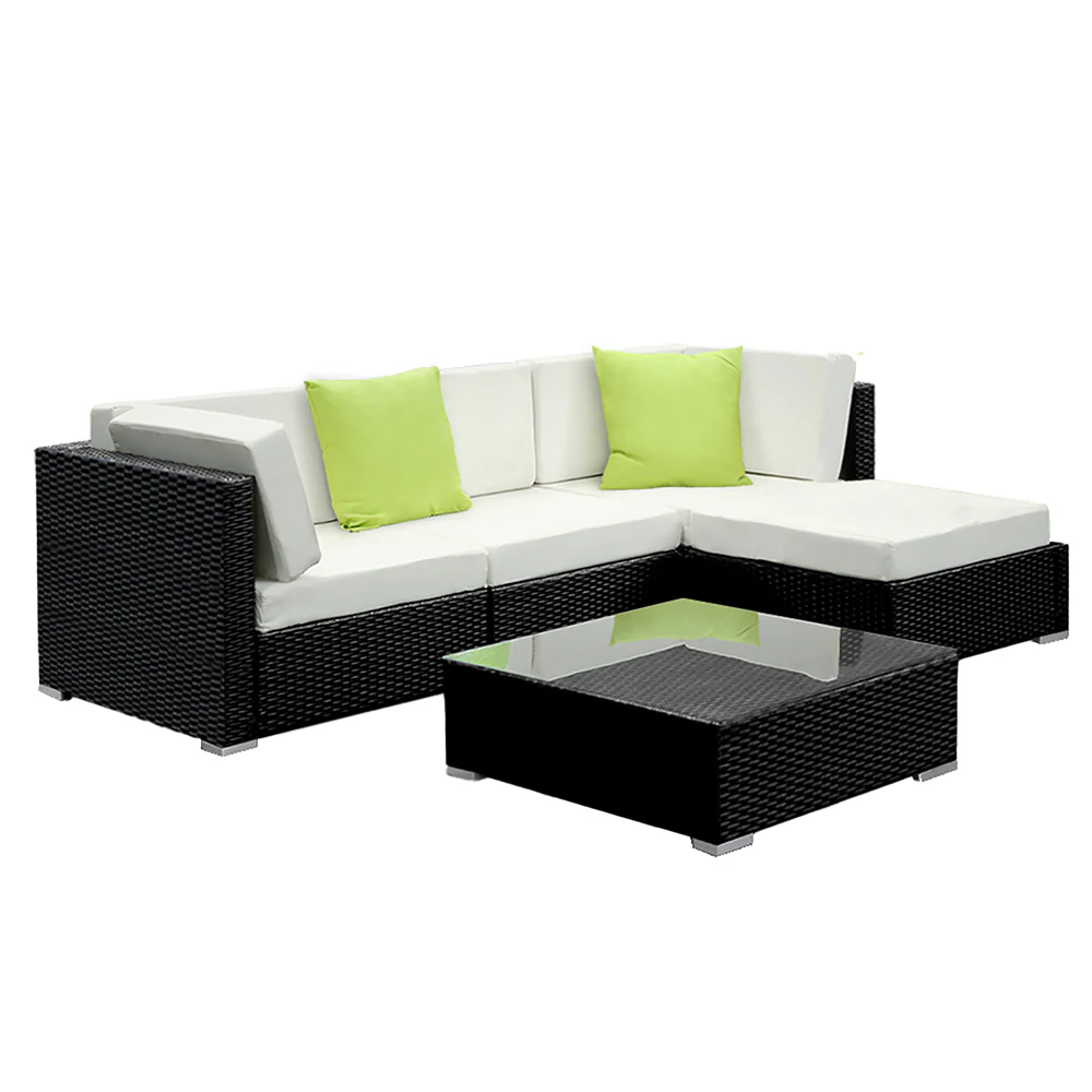 Chester 4-Seater Furniture Set Wicker Garden Patio Pool Lounge 5-Piece Outdoor Sofa - Black - Nurns