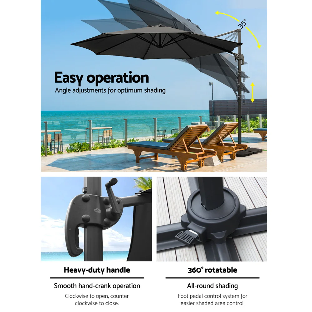 Instahut 3m Outdoor Umbrella w/Base Cantilever Beach Roma 360 Degree Tilt Black - Nurns