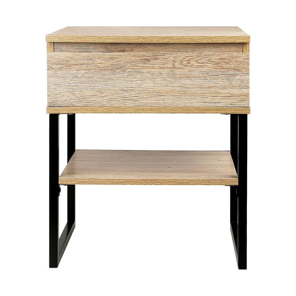 Welland Particle Board & Metal Bedside Tables Chest Style - Natural Wood - Nurns