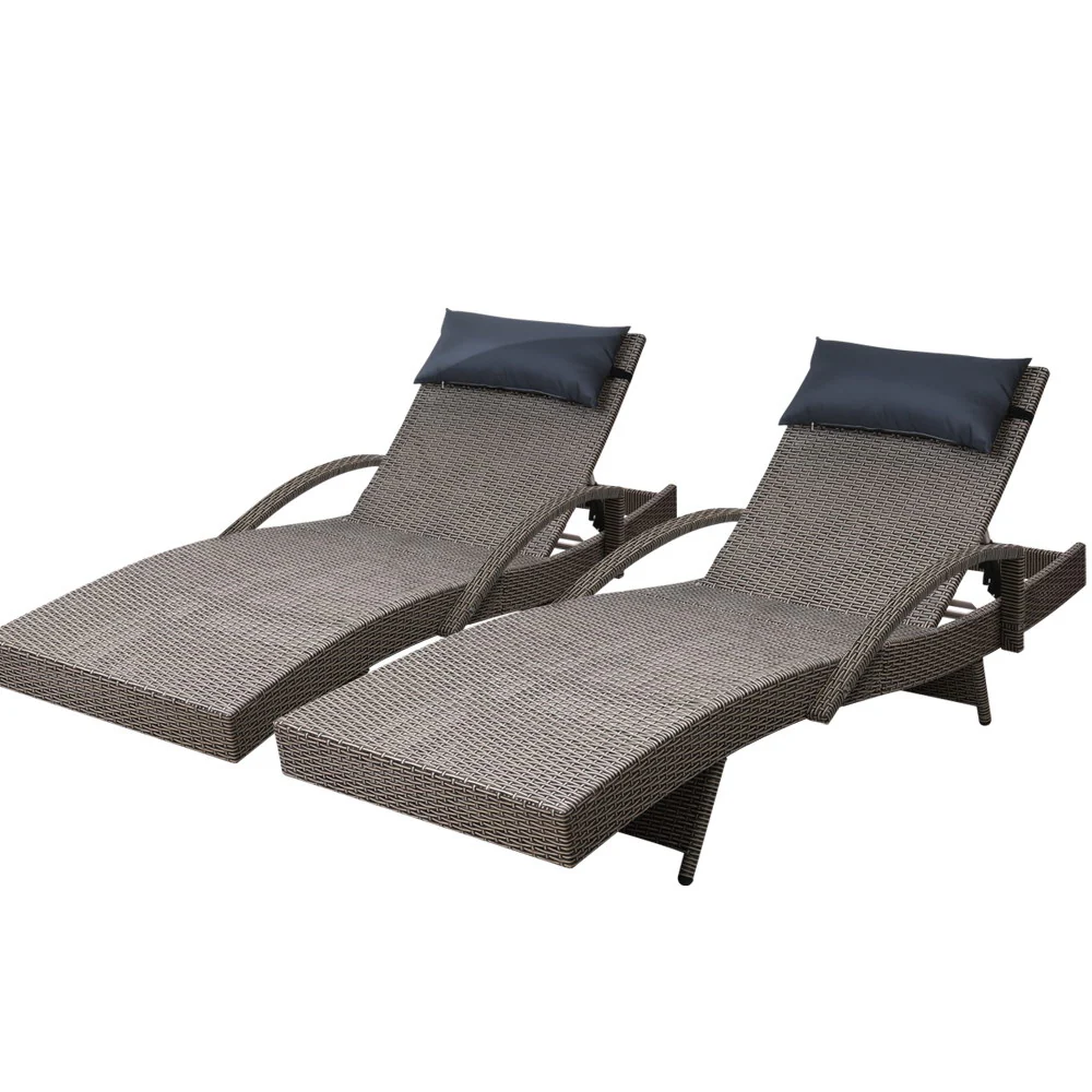 Silsden Set of 2 Outdoor Sun Lounge Wicker with Armrest Chair and Pillow - Grey - Nurns