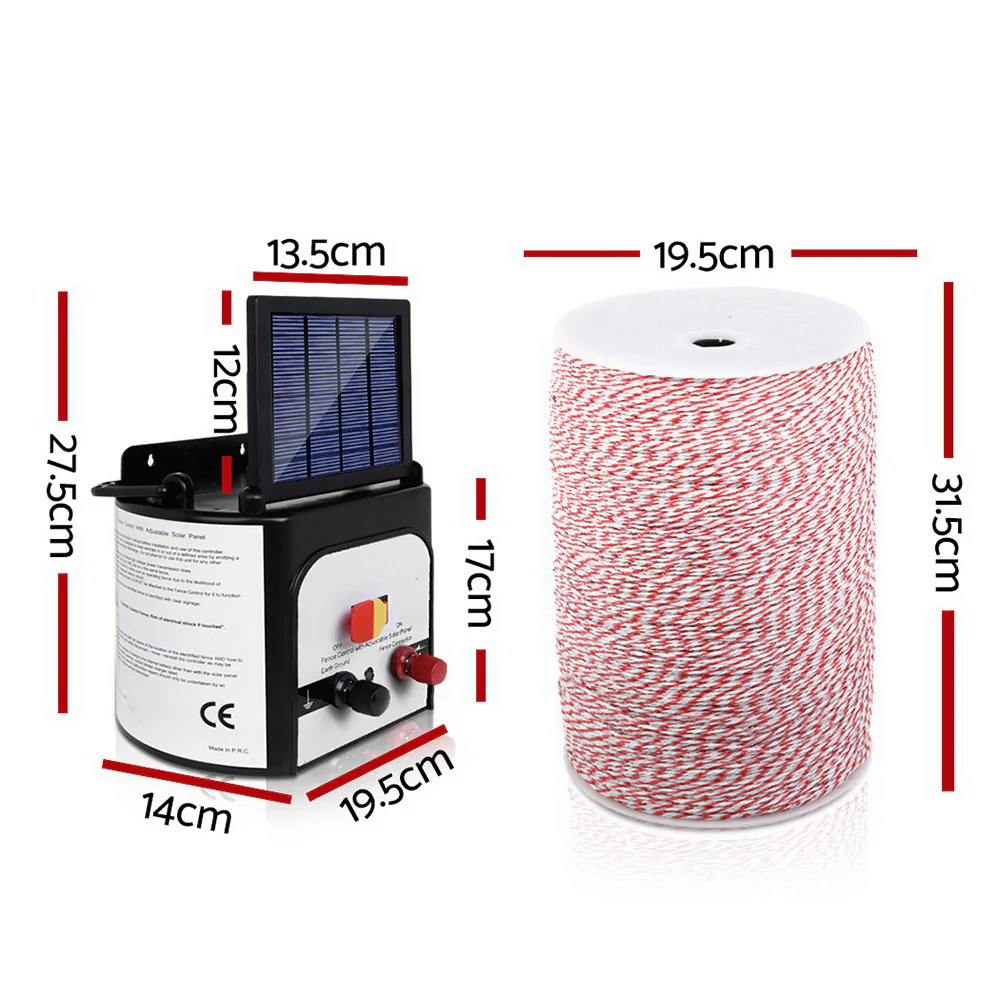 8km Solar Electric Fence Energiser Energizer 0.3J + 2000m Poly Fencing Wire Tape - Nurns