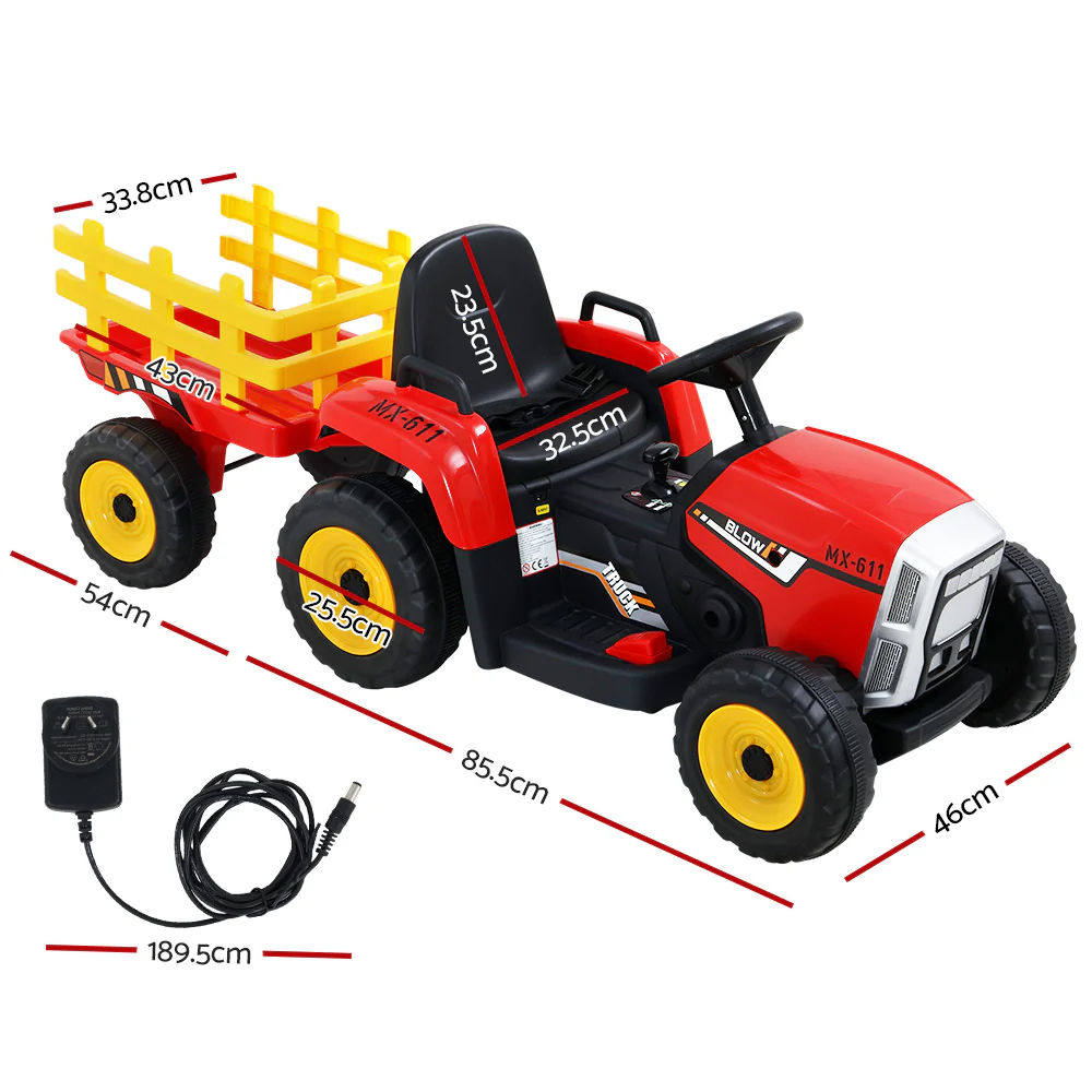 Ride On Car Tractor Trailer Toy Kids Electric Cars 12V Battery - Red - Nurns