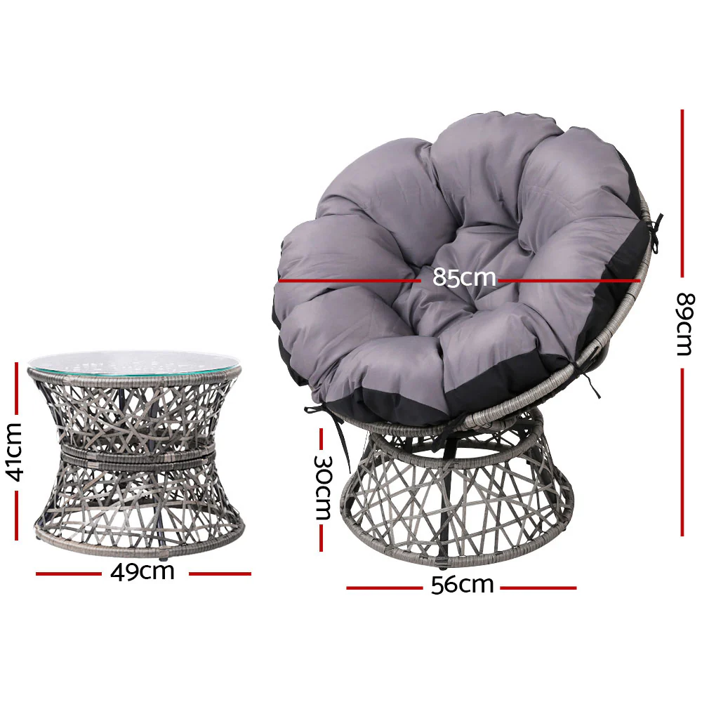 Outdoor Lounge Setting Papasan Chair Wicker Table Garden Furniture - Grey - Nurns