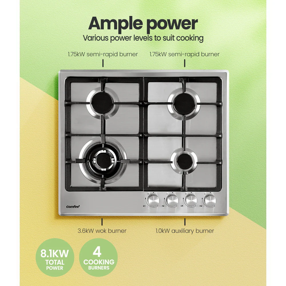 Comfee 60cm Gas Cooktop Stainless Steel 4 Burners Kitchen Stove Cook Top NG LPG - Nurns