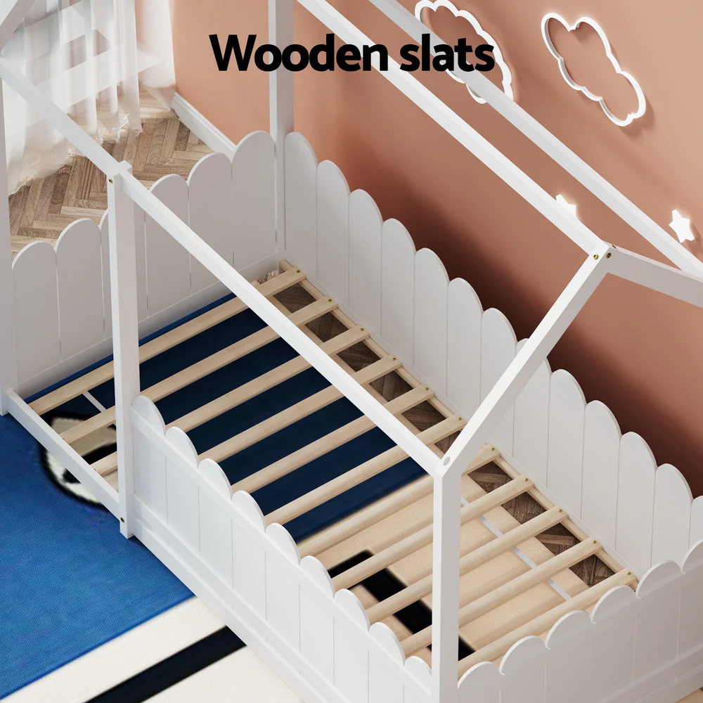 Lucy Bed Frame Wooden Kids House - White Single - Nurns