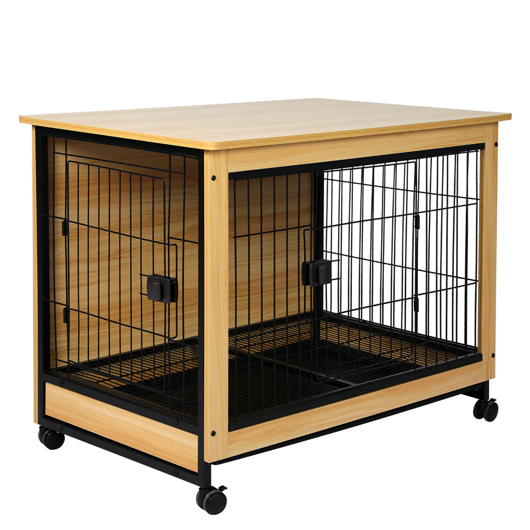 Wooden Wire Dog Kennel Side End Table Steel Puppy Crate Indoor Pet House M - Wood Medium - Nurns