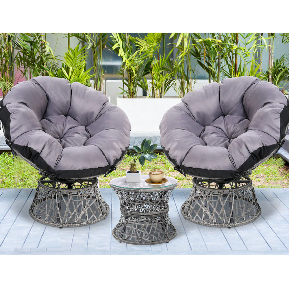 Outdoor Lounge Setting Furniture Wicker Papasan Chairs Table Patio - Grey - Nurns