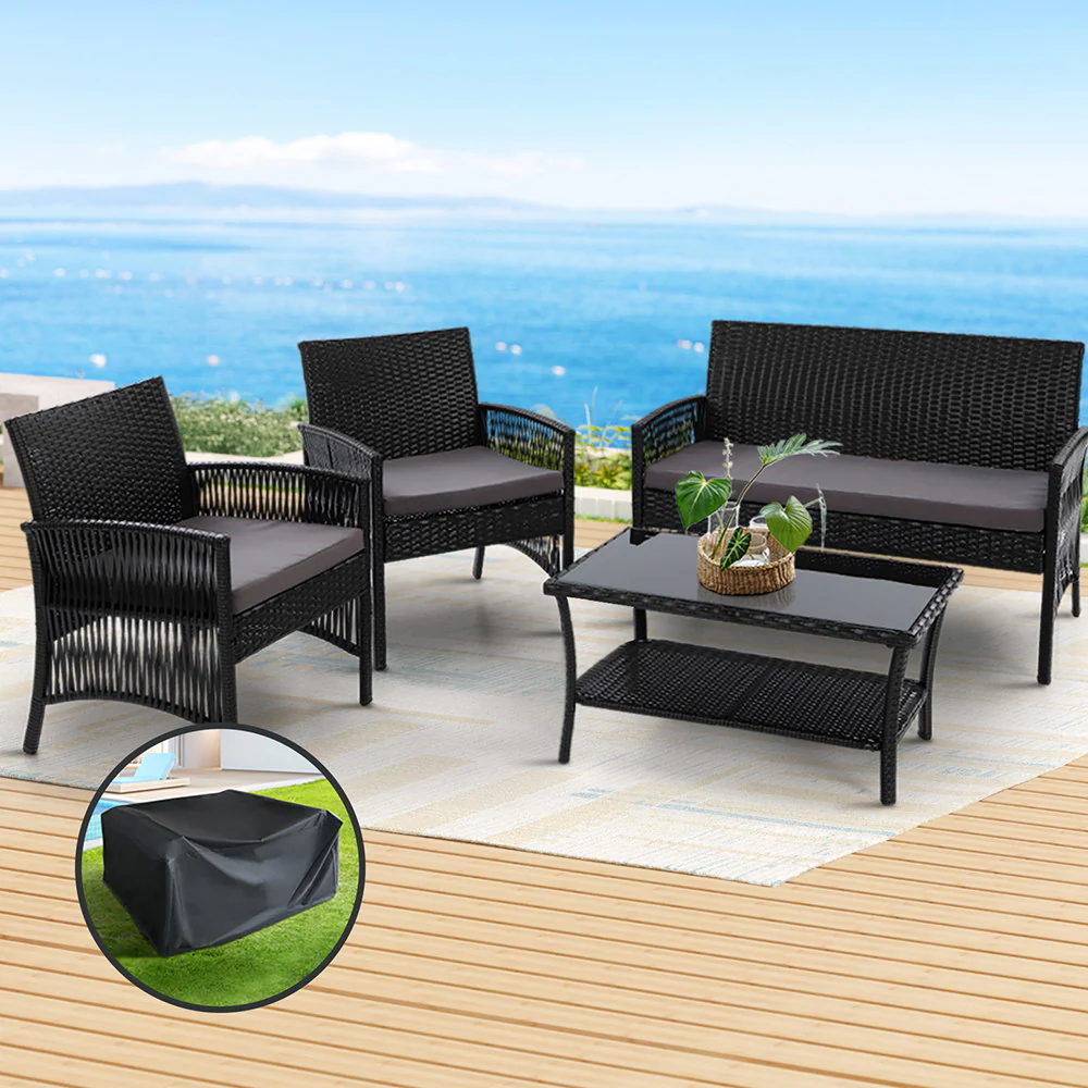 Luis 4-Seater Wicker Harp Chair Table 4-Piece OutdoorSofa Set with Storage Cover - Black - Nurns