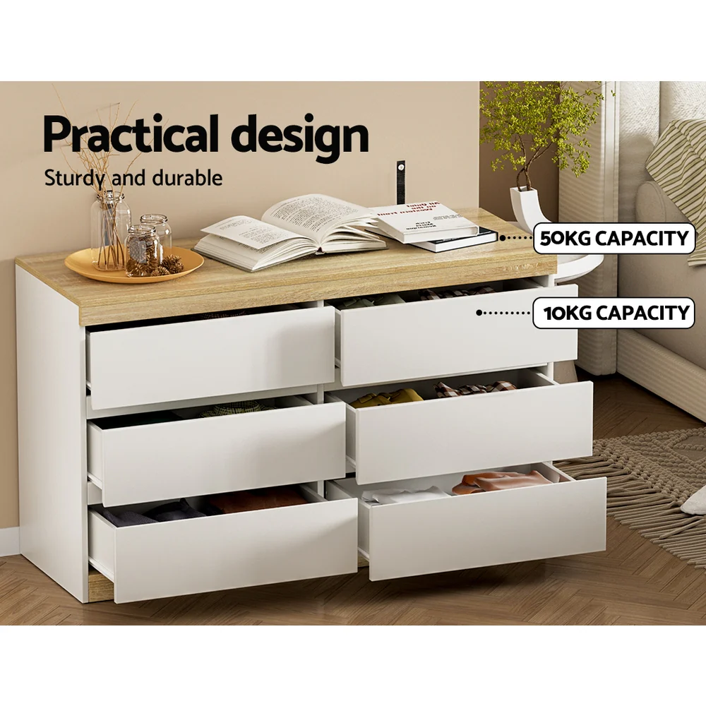 Artiss 6 Chest of Drawers Cabinet Dresser Table Tallboy Storage Bedroom White - Nurns