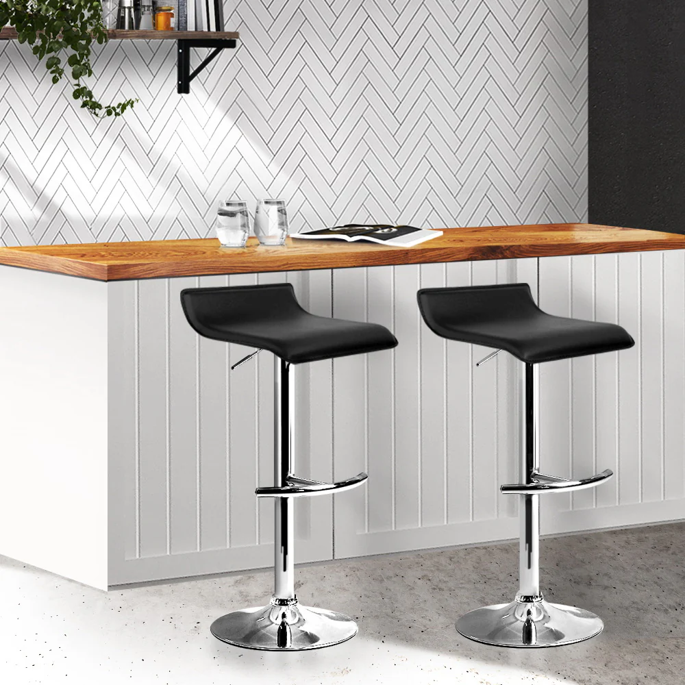 Set of 2 Terni PU Leather Wave Style Bar Stools - Black - Nurns