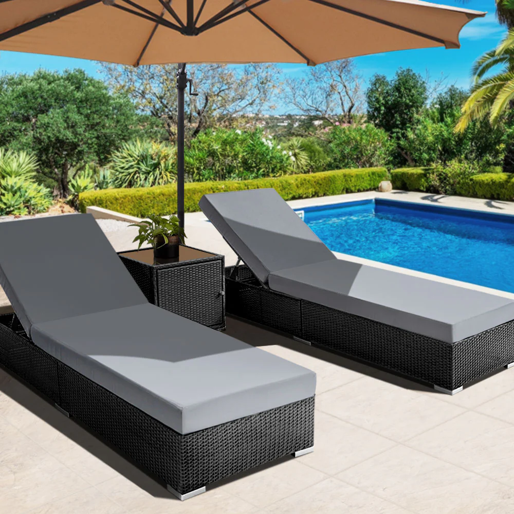 Herbert 3-Piece Outdoor Sun Lounge Wicker Chair with Cushion - Black - Nurns