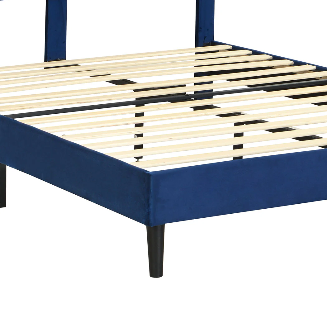 Velsen Bed Frame Base Platform Wooden Velvet with Headboard Blue - Queen - Nurns
