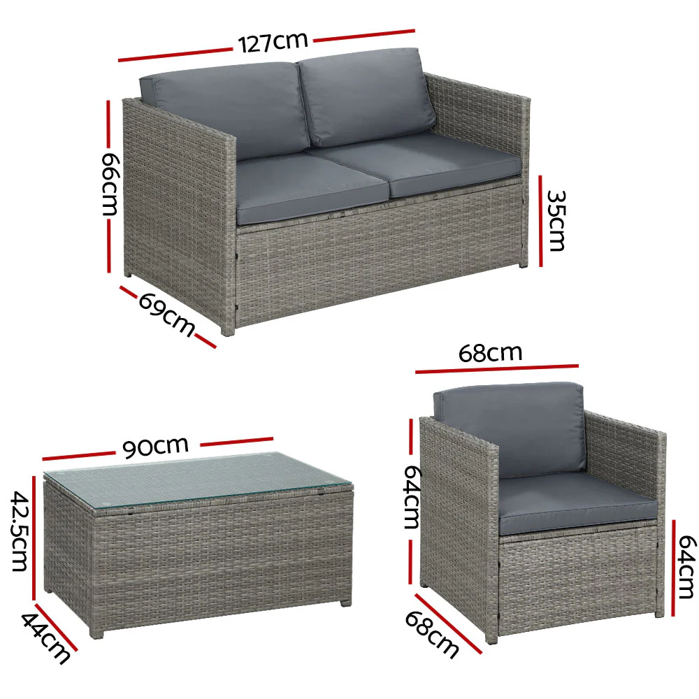 Driffield 4-Seater Furniture Wicker Table Chairs 4-Piece Outdoor Sofa - Grey - Nurns