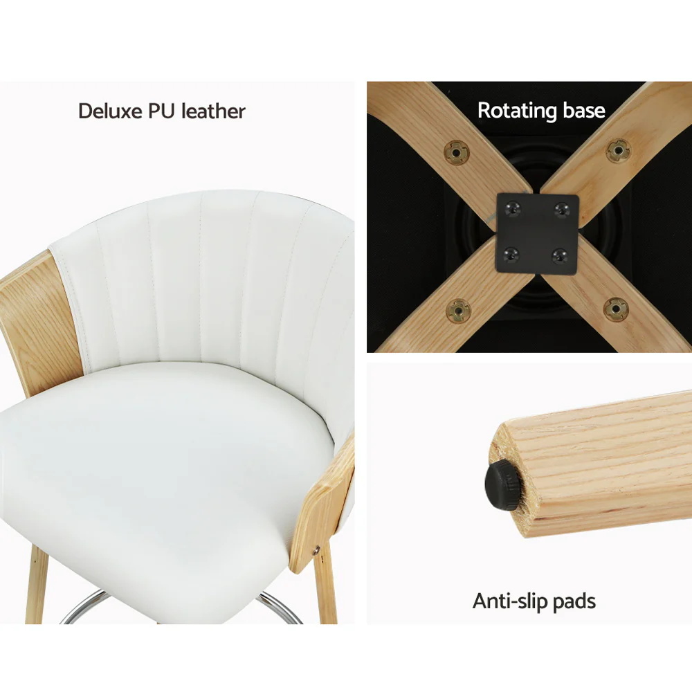 Set of 2 Salisbury Bar Stools Kitchen Stool Wooden Chair Swivel Chairs Leather - White - Nurns