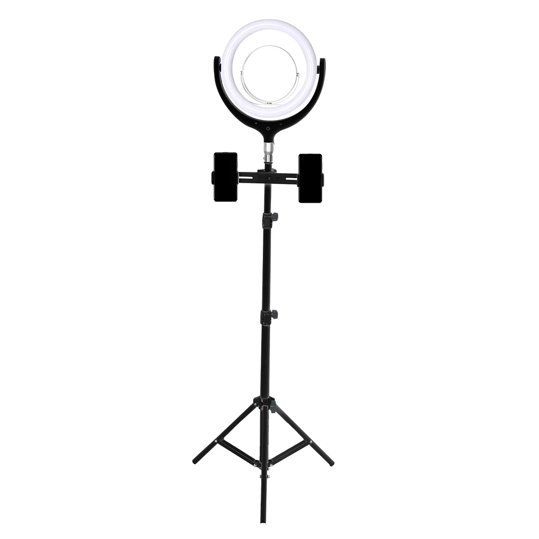 LED Ring Light with Tripod Stand Phone Holder Dimmable Studio Lamp Makeup Mirror Black - Nurns