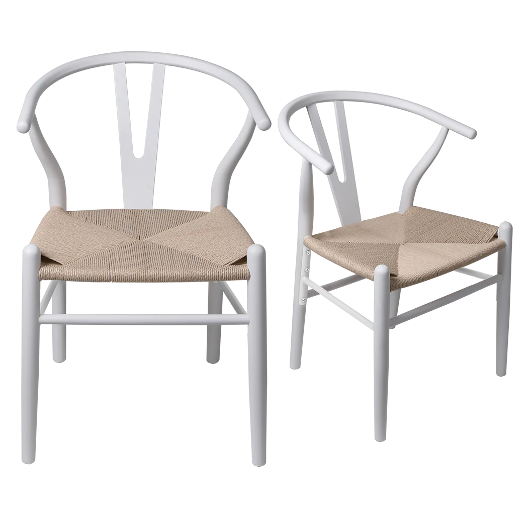 Jett Set of 2 Dining Chairs Rattan Seat Side Kitchen Wood Furniture - White - Nurns