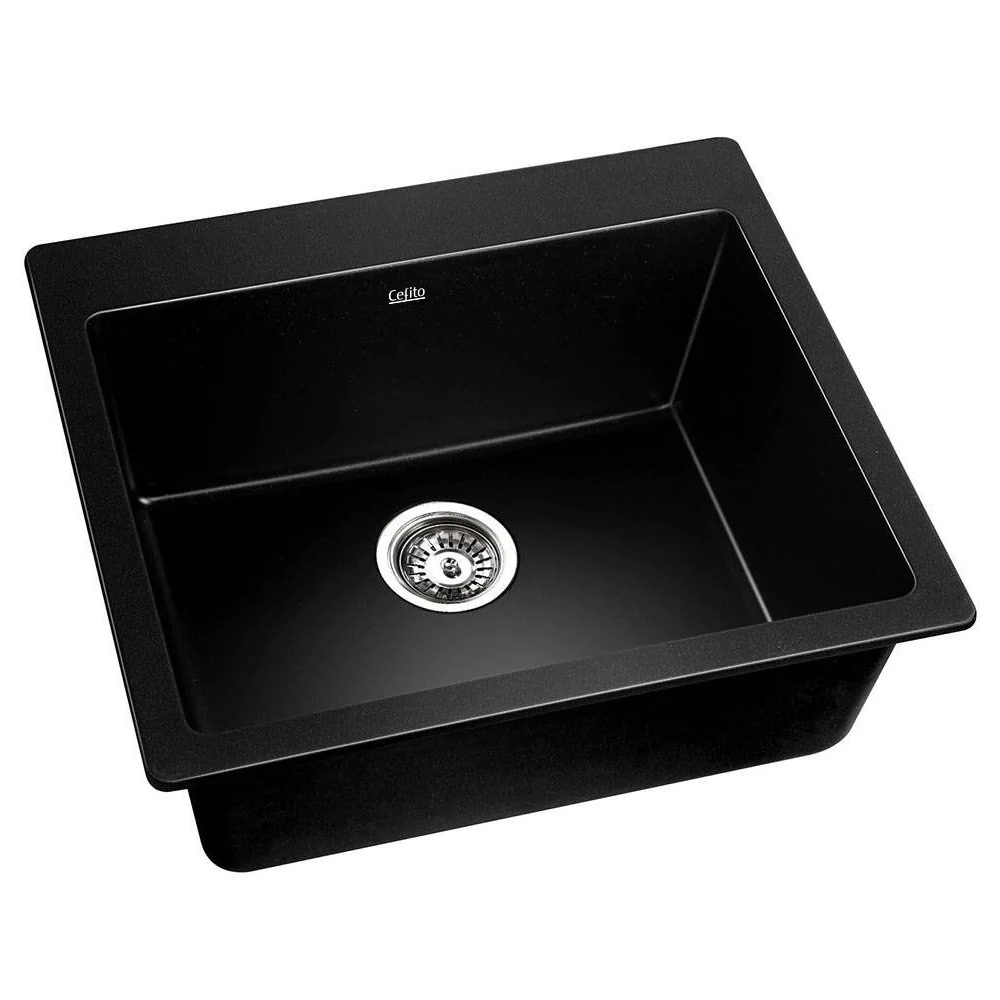 Stone Kitchen Sink 570x500Mm Granite Under or Top mount Basin Bowl Laundry Black - Nurns