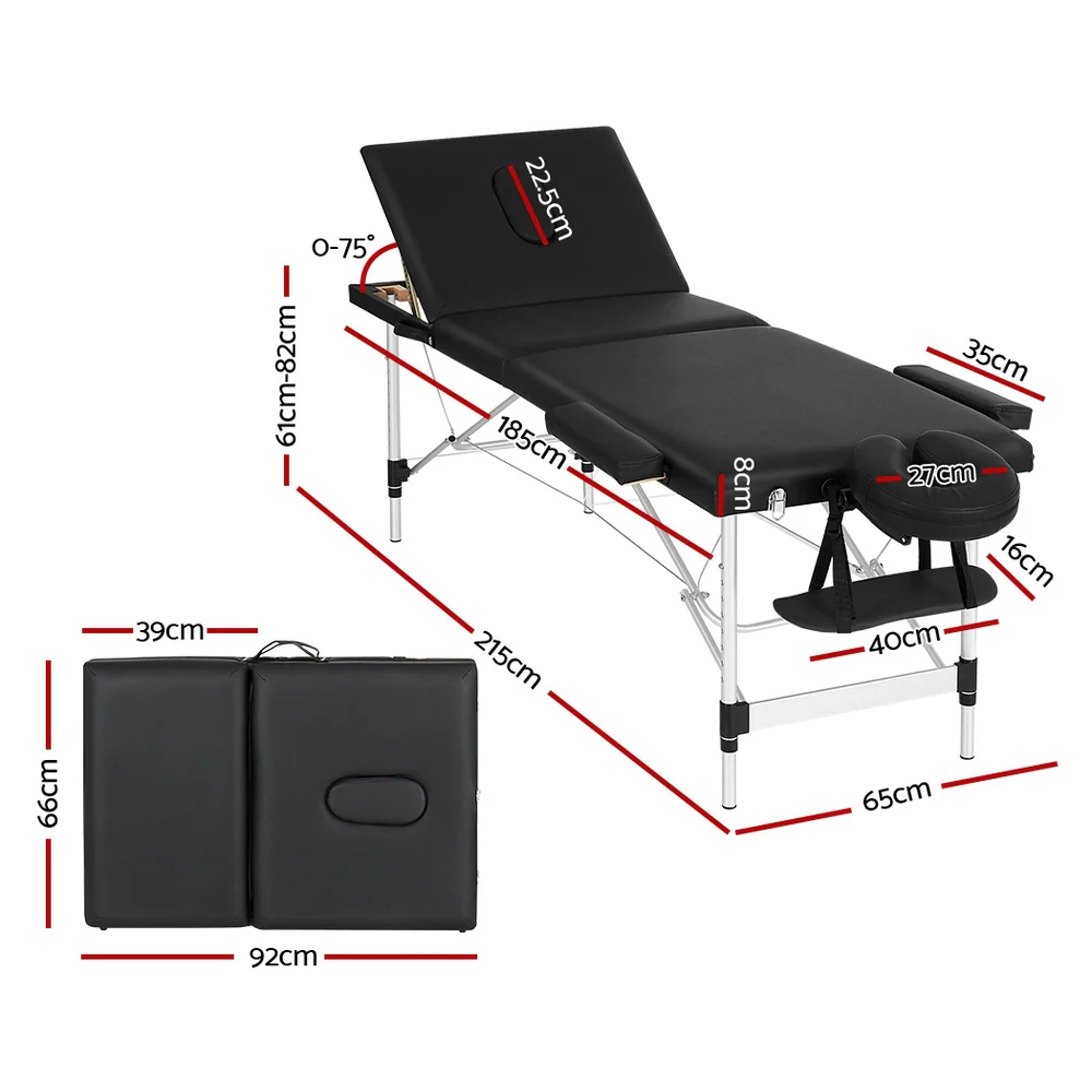 Massage Table 65cm Portable 3 Fold Aluminium Beauty Bed - Black - Nurns