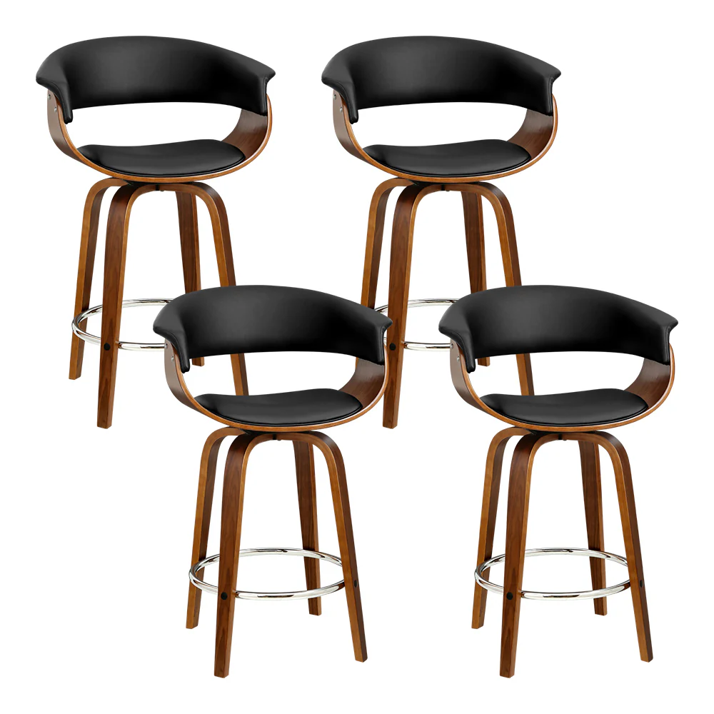 Set of 4 Edessa Swivel PU Leather Bar Stool - Wood & Black - Nurns