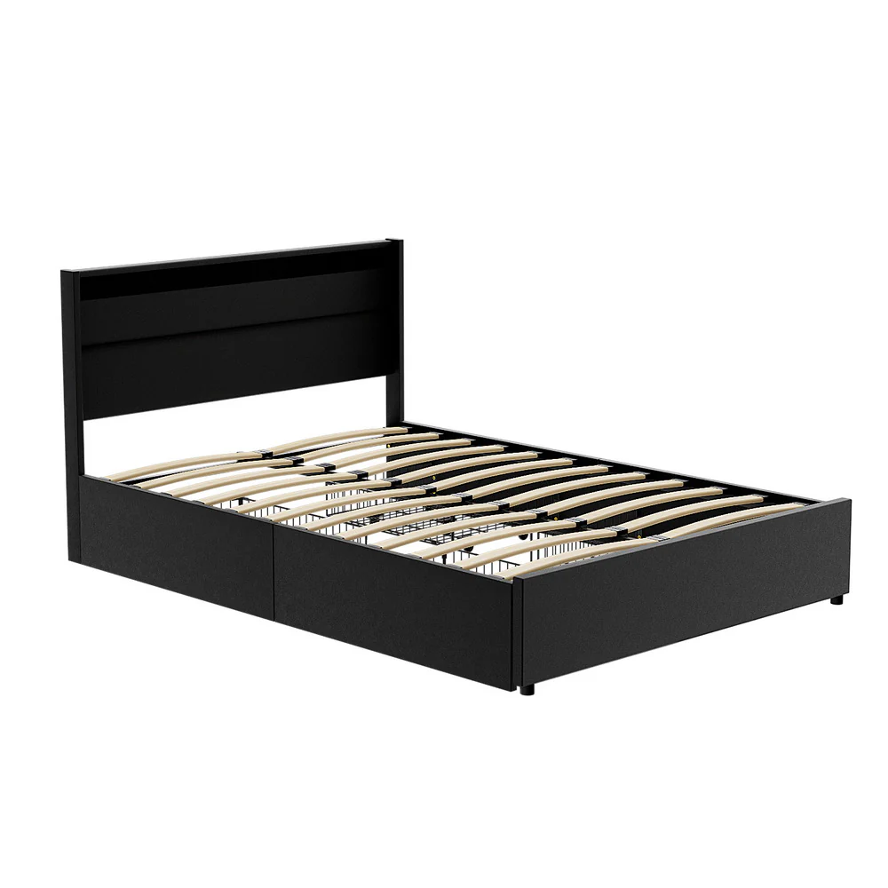 Hanny Bed Frame LED with 4 Drawers - Black Double - Nurns