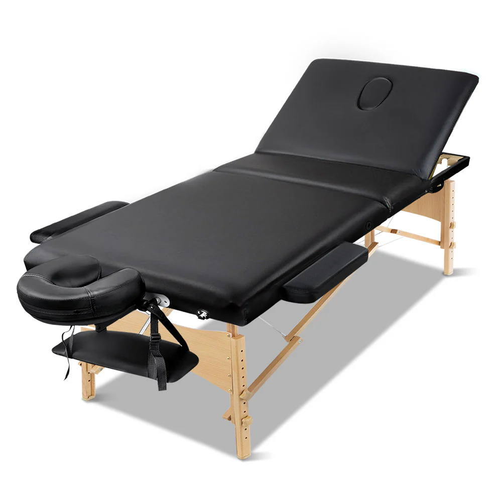 Massage Table 60cm 3 Fold Wooden Portable Beauty Therapy Bed Waxing Black - Nurns