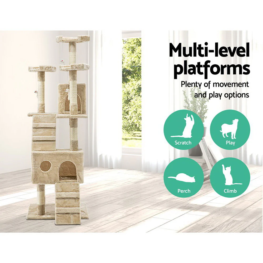 Cat Tree 180cm Trees Scratching Post Scratcher Tower Condo House Furniture Wood - Beige - Nurns