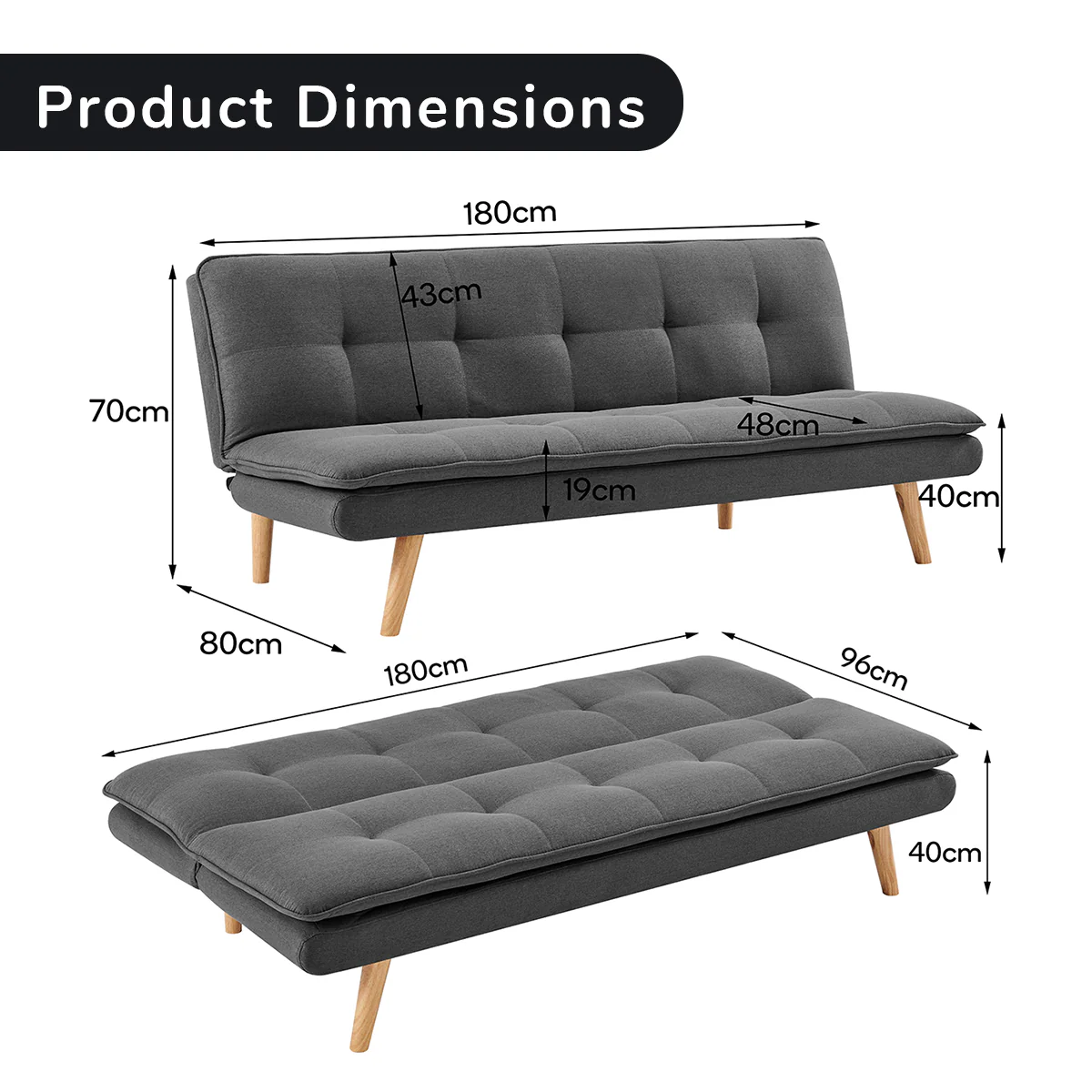 Matilda 3-Seater Linen Futon Sofa Bed Lounge - Dark Grey - Nurns