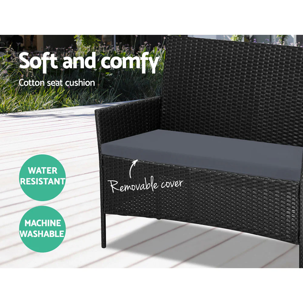 Justin 4-Seater Wicker Setting Table Chair Furniture 4-Piece Outdoor Sofa Set - Black - Nurns
