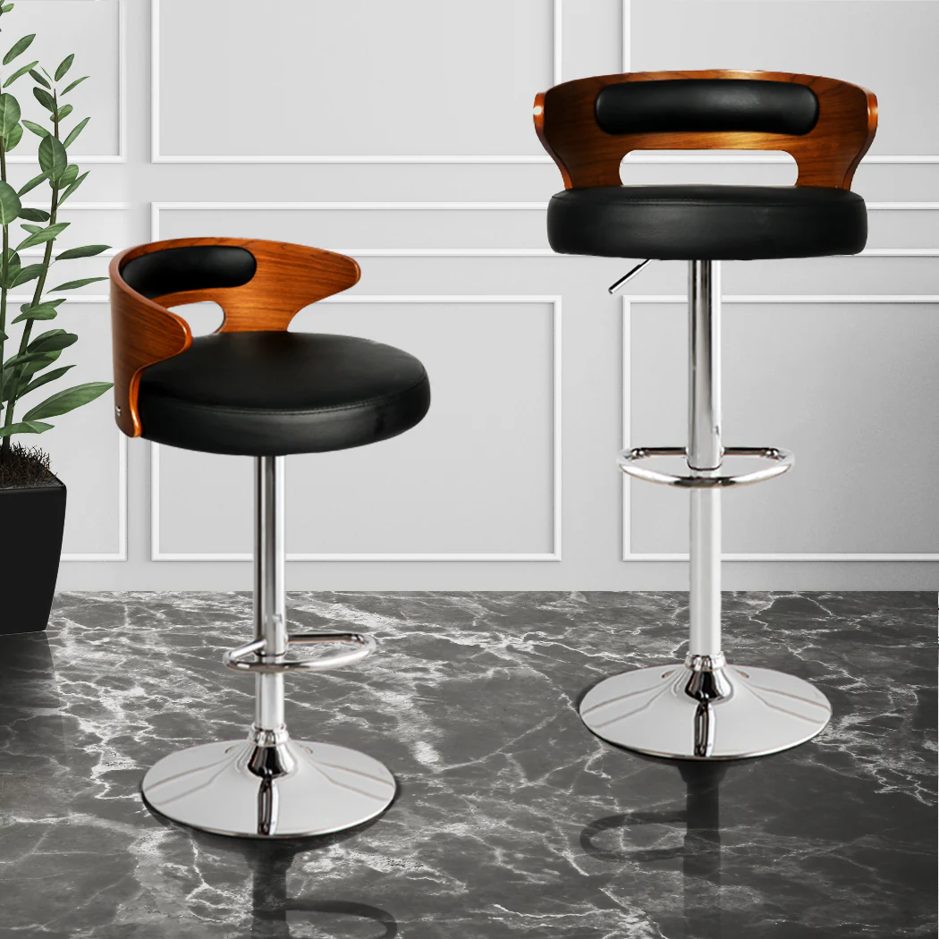 85cm Leipzig Kitchen Bar Stools Gas Lift Wooden Beech Stool Metal Barstools - Black & Silver - Nurns