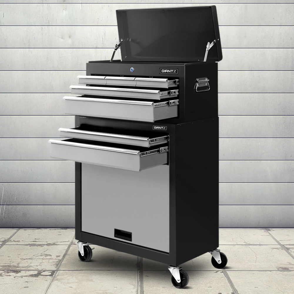 7 Drawer Tool Box Cabinet Chest Storage Garage Toolbox Organiser Set Black and Grey - Nurns