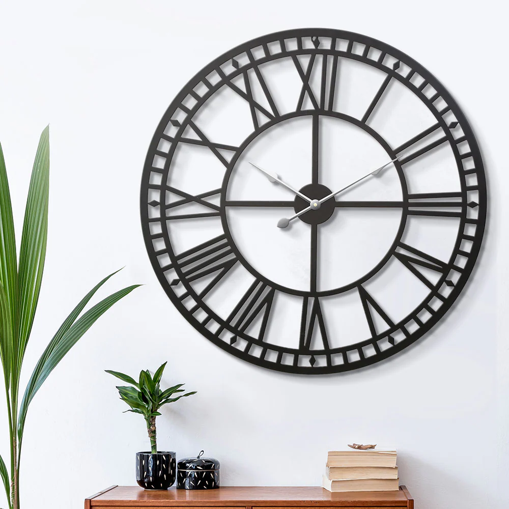 60cm Large Wall Clock Roman Numerals Round Metal Luxury Home Decor Black - Nurns