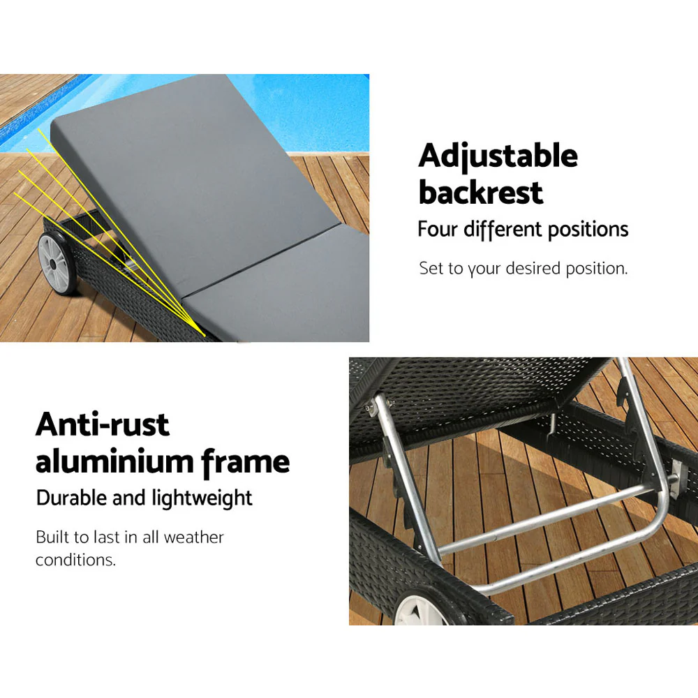 Earby Outdoor Sun Lounge Wicker Chair with Cushion and Wheels - Black - Nurns