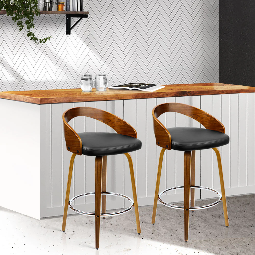 Set of 2 Alicante Walnut Wood Bar Stools - Black & Brown - Nurns