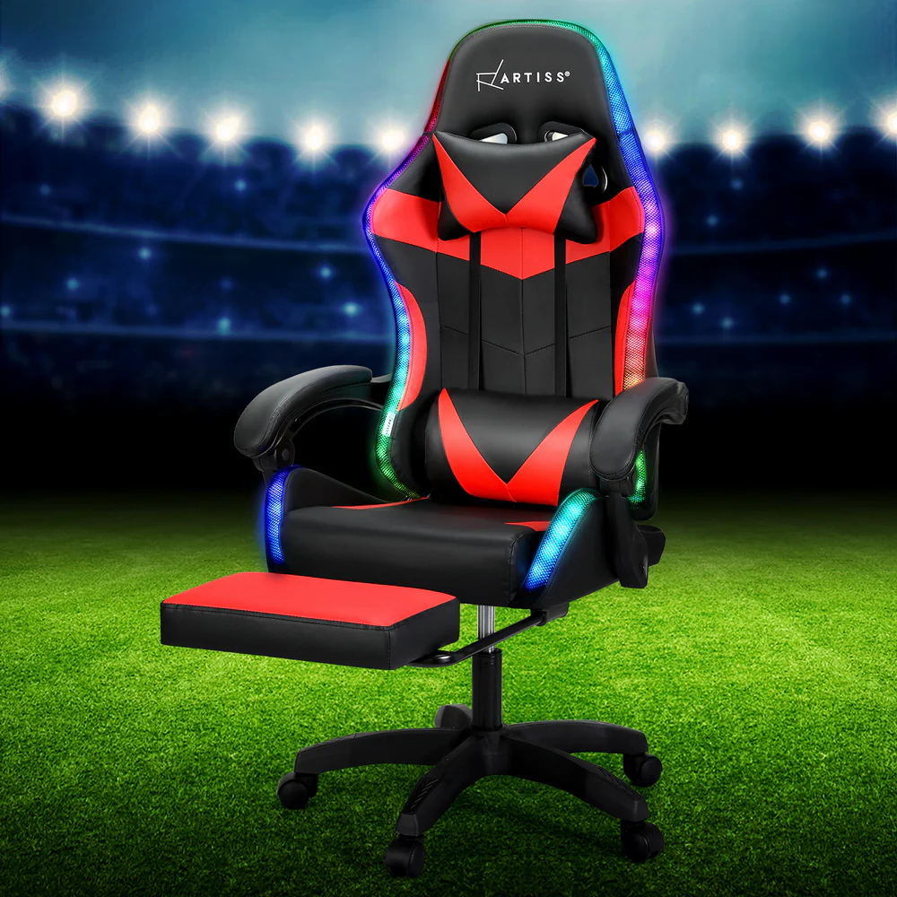 Artiss 6 Point Massage Gaming Office Chair 7 LED Footrest Red - Nurns