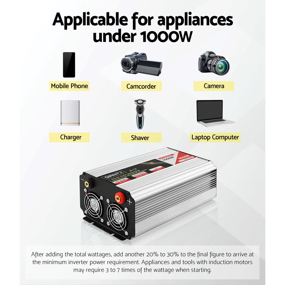 Power Inverter 1000W or 2000W Pure Sine Wave 12V-240V Camping Boat Caravan - Nurns
