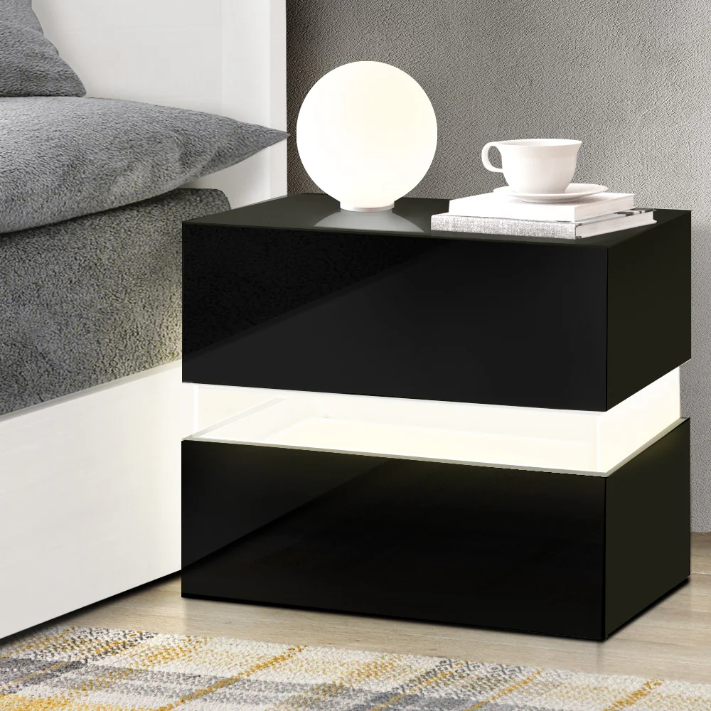 Granby LED High Gloss Bedside Tables RGB LED Side Nightstand High Gloss Cabinet with 2 Drawers - Black - Nurns