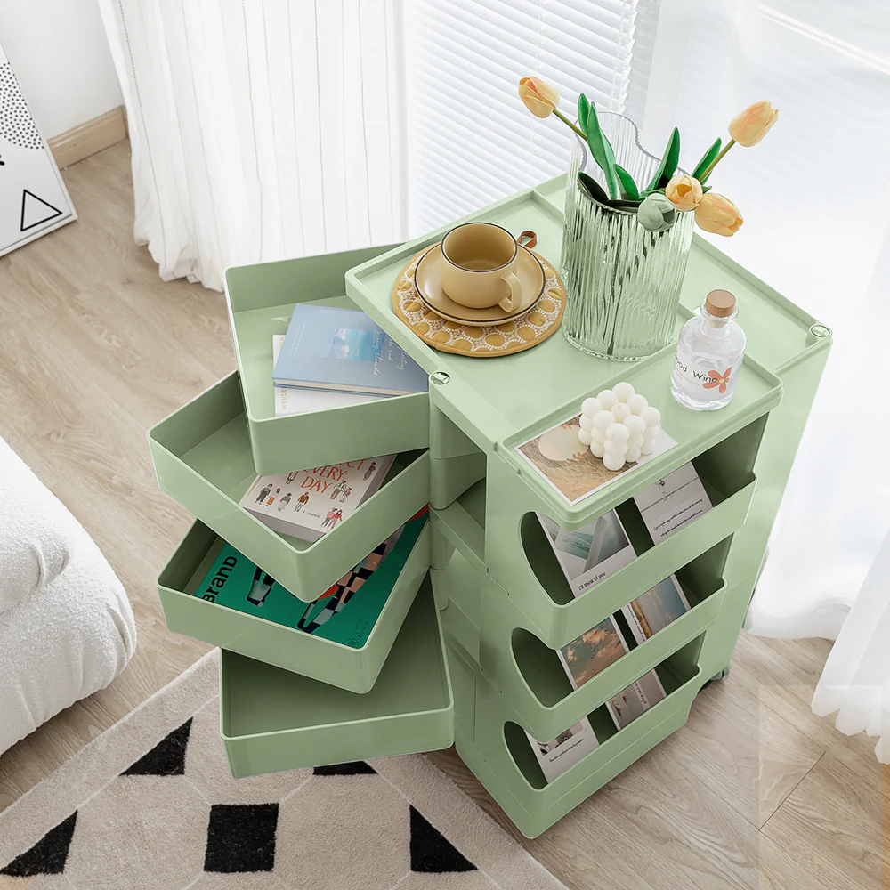 Vernon PP Plastic Bedside Tables Side Tables Nightstand Organizer Replica Boby Trolley 5 Tier with 4 Drawers - Green - Nurns