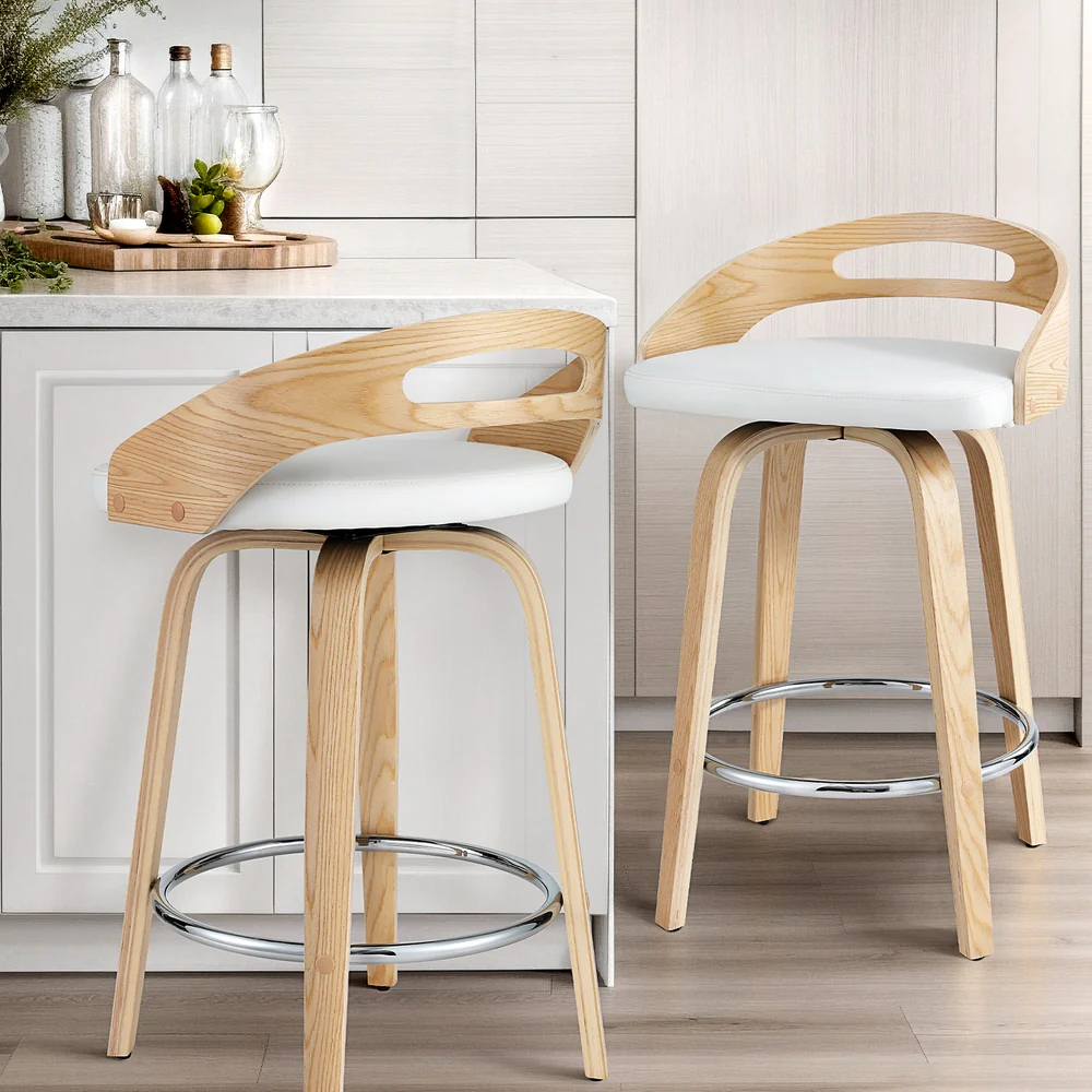 Set of 2 Athens Bar Stools Swivel Dining Chairs Low Back Counter Seat PU Cushion - White - Nurns