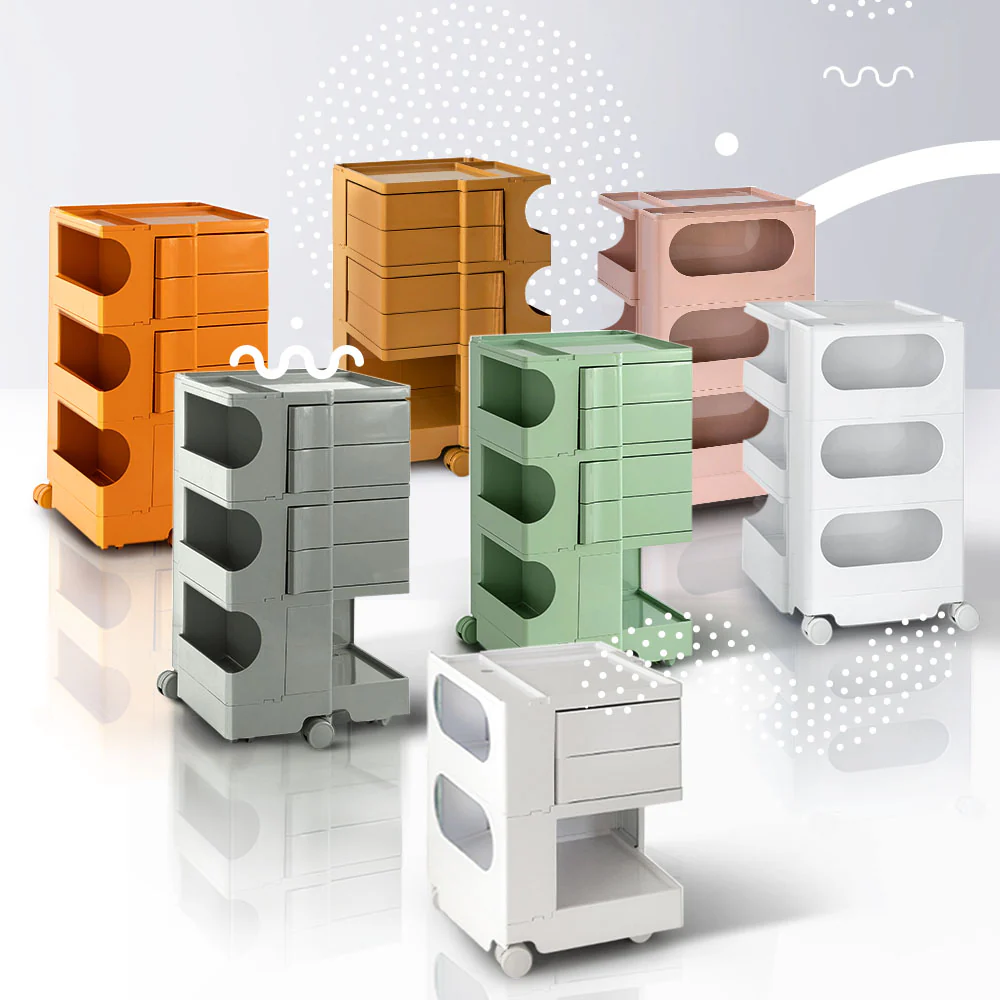 Vernon PP Plastic Bedside Tables Side Tables Nightstand Organizer Replica Boby Trolley 3 Tier with 2 Drawers - Green - Nurns