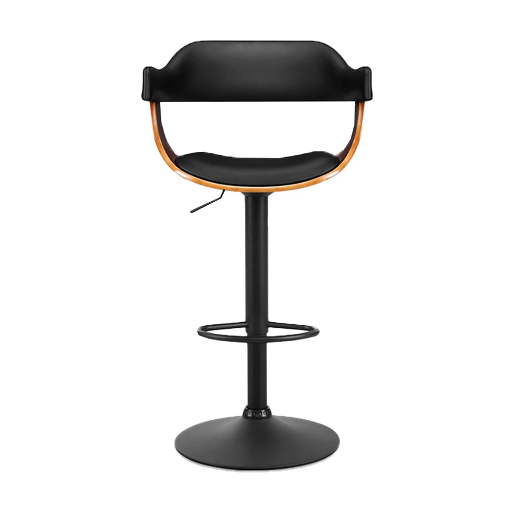 82cm Eindhoven Bar Stool Curved Gas Lift PU Leather - Black & Wood - Nurns