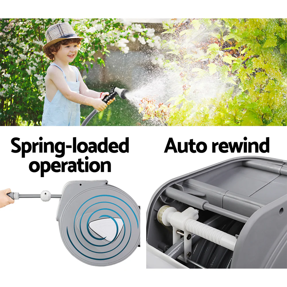 Retractable Hose Reel 30M Garden Water Auto Rewind Spray Gun - Nurns
