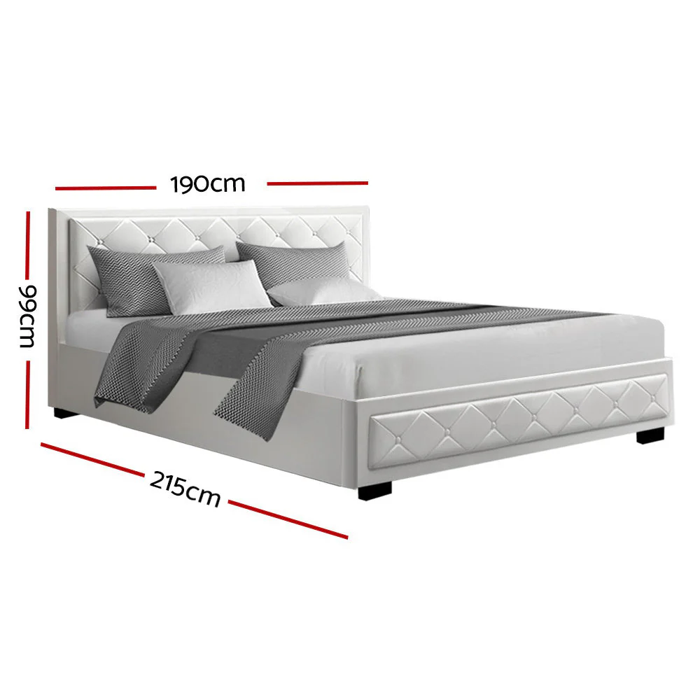 Cardiff King Bedroom Suite 5 Piece 1x King Mattress, 1x King Gas Lift Bed Frame, 1x Set of 2 Bedside Table and 1x White Tallboy - Nurns