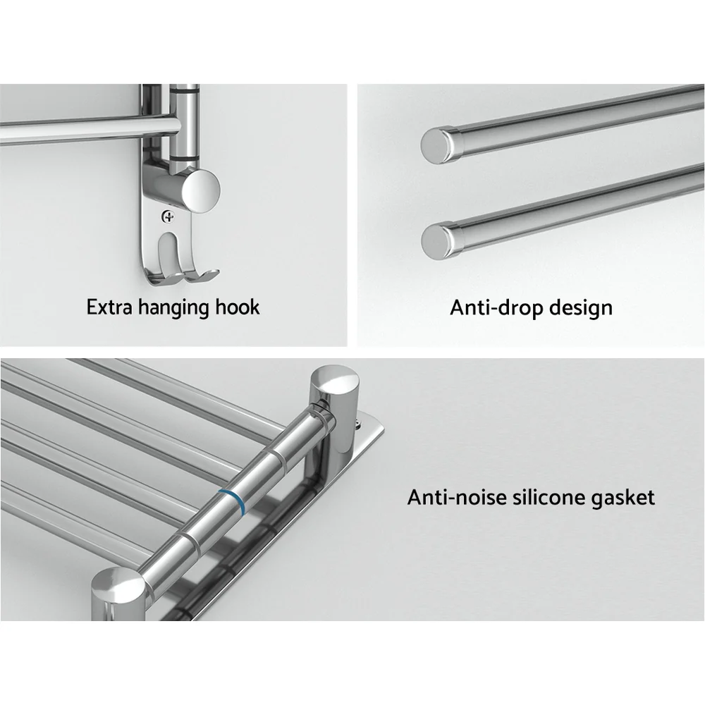 Towel Rail Rack Holder 4 Bars Wall Mounted Stainless Steel Swivel Hanging Hook - Nurns