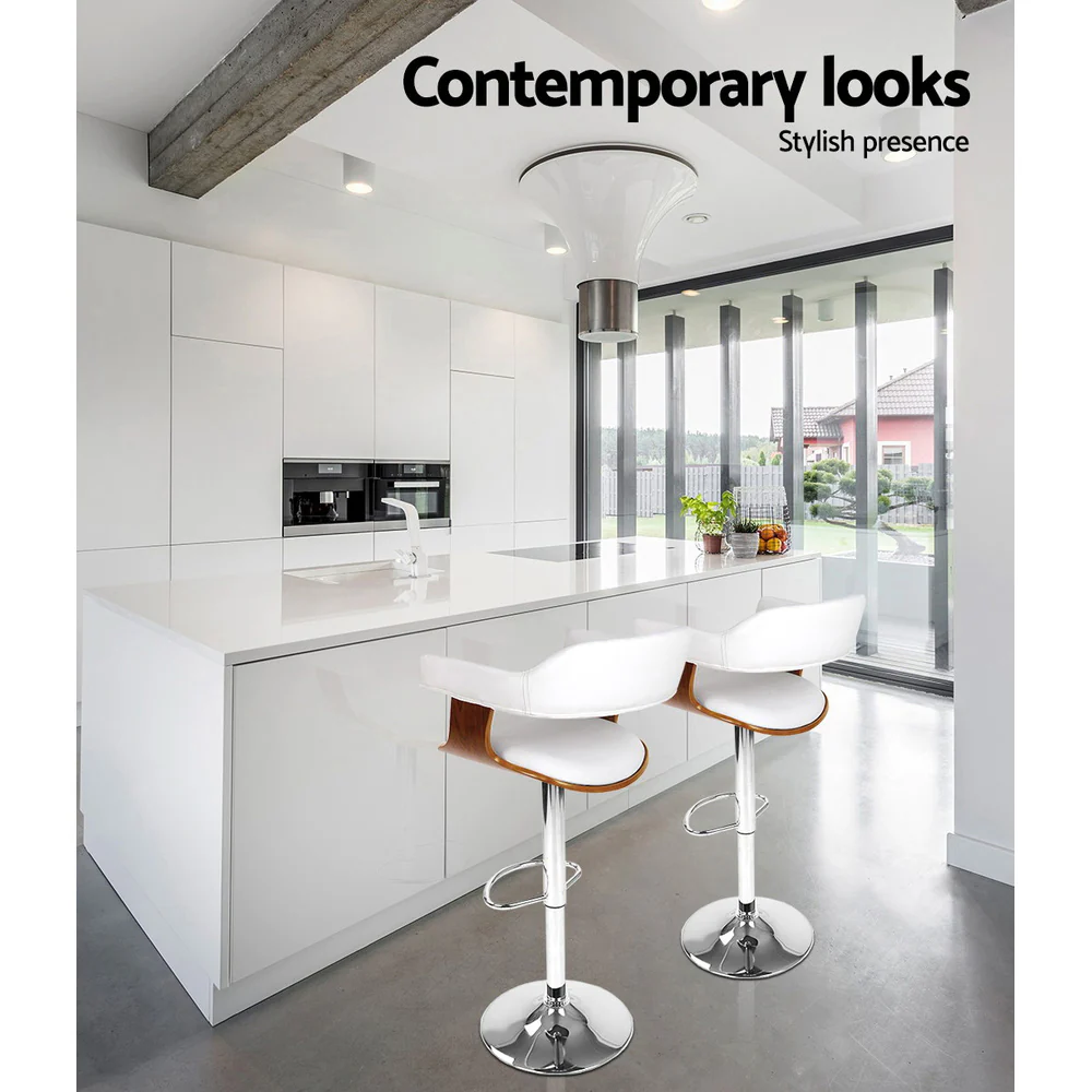 Set of 2 Chalcis Wooden PU Leather Bar Stool - White & Wood - Nurns