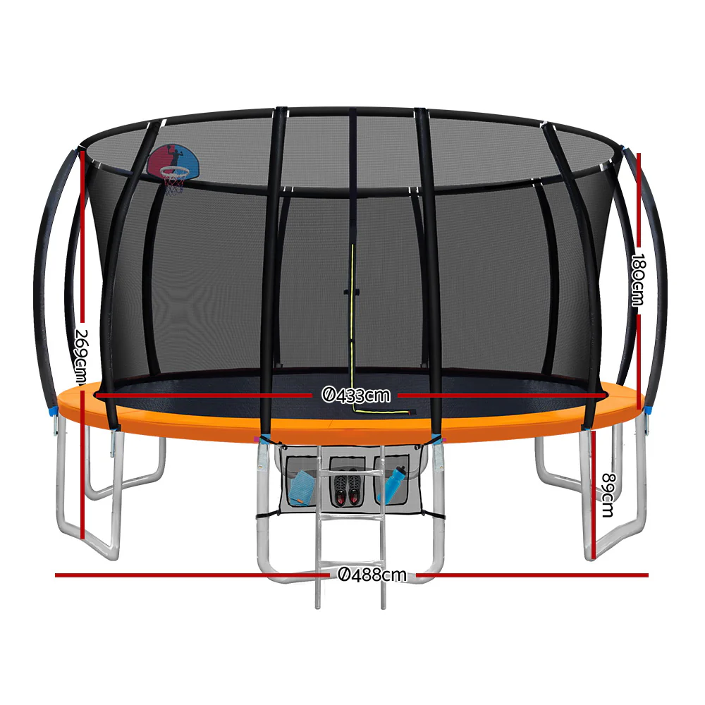Everfit Trampoline for Kids 16FT with Ladder Enclosure Safety Net Rebounder Orange - Nurns