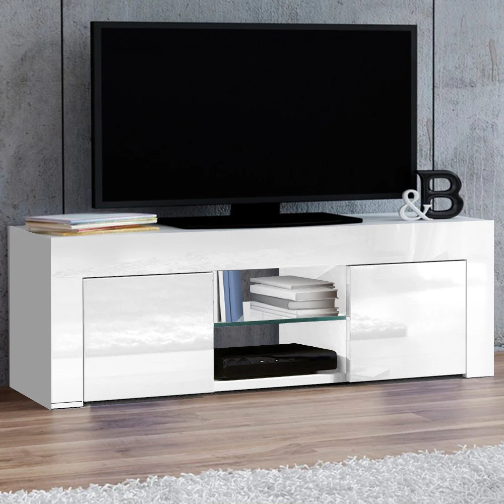 Viola 130cm High Gloss TV Stand Entertainment Unit Storage Cabinet Tempered Glass Shelf - White - Nurns