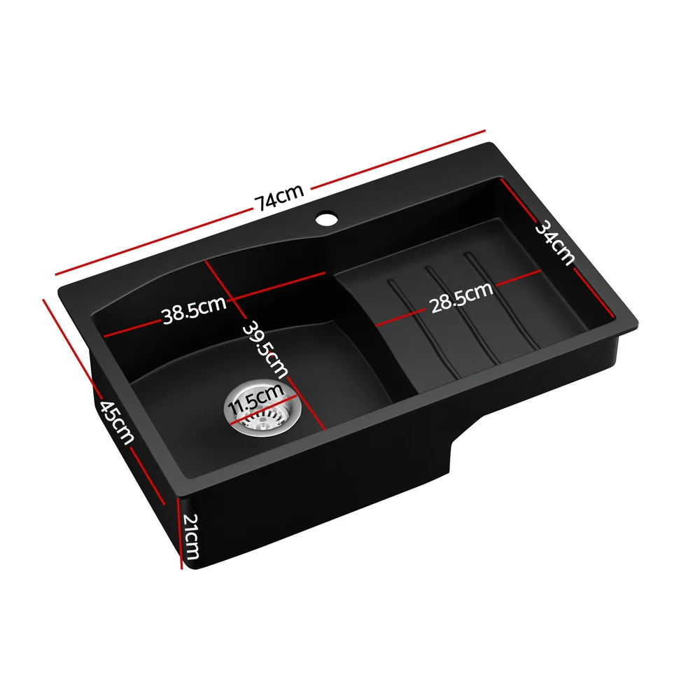 Kitchen Sink 74x45cm Granite Stone Basin Single Bowl Laundry - Black - Nurns