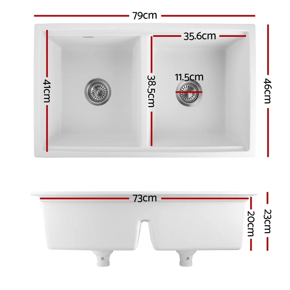Kitchen Sink Stone Sink Granite Laundry Basin Double Bowl 79cmx46cm - White - Nurns
