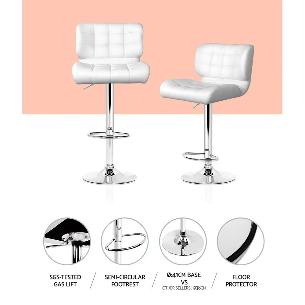 Set of 4 Genoa PU Leather Gas Lift Bar Stools - White & Chrome - Nurns